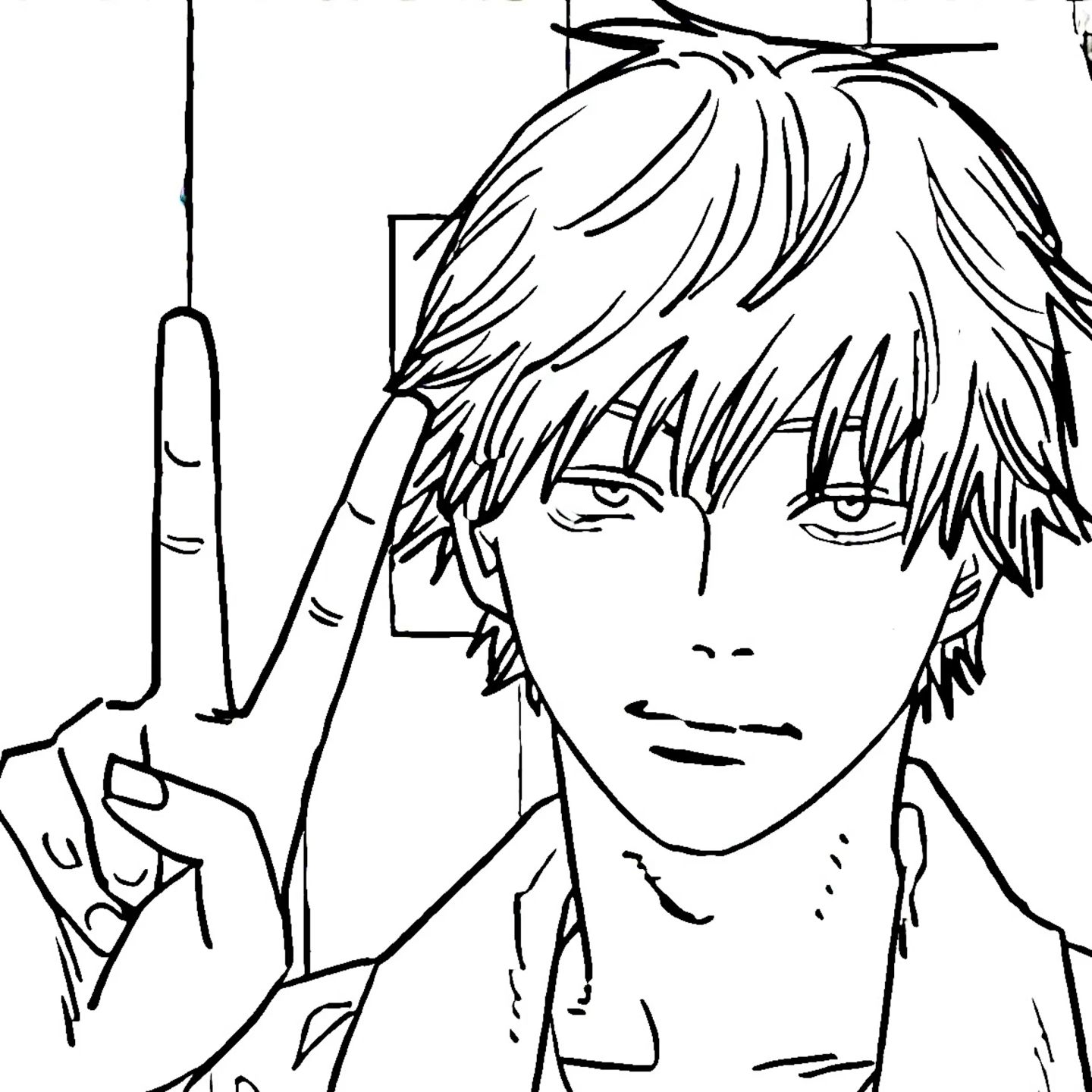 Close-up of Denji from Chainsa w Man with his right hand raised, doing a V for victory sign with a blank expression aside from a slight smirk.