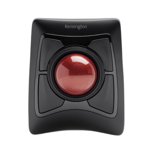 Stock image of a Kensington Exper Trackball Mouse in all black. It has a red trackball in the middle, made of phenolic resin.
