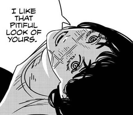 Manga panel from Chainsaw Man. Yoru/War Devil looking back and saying 'I like that pitiful look of yours.'