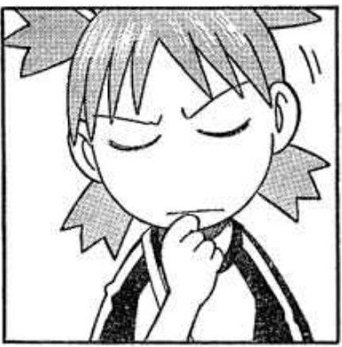 Yotsuba Koiwai from Yotsuba&! with her eyes closed. She has her hand up to her chin, in a thinking position.